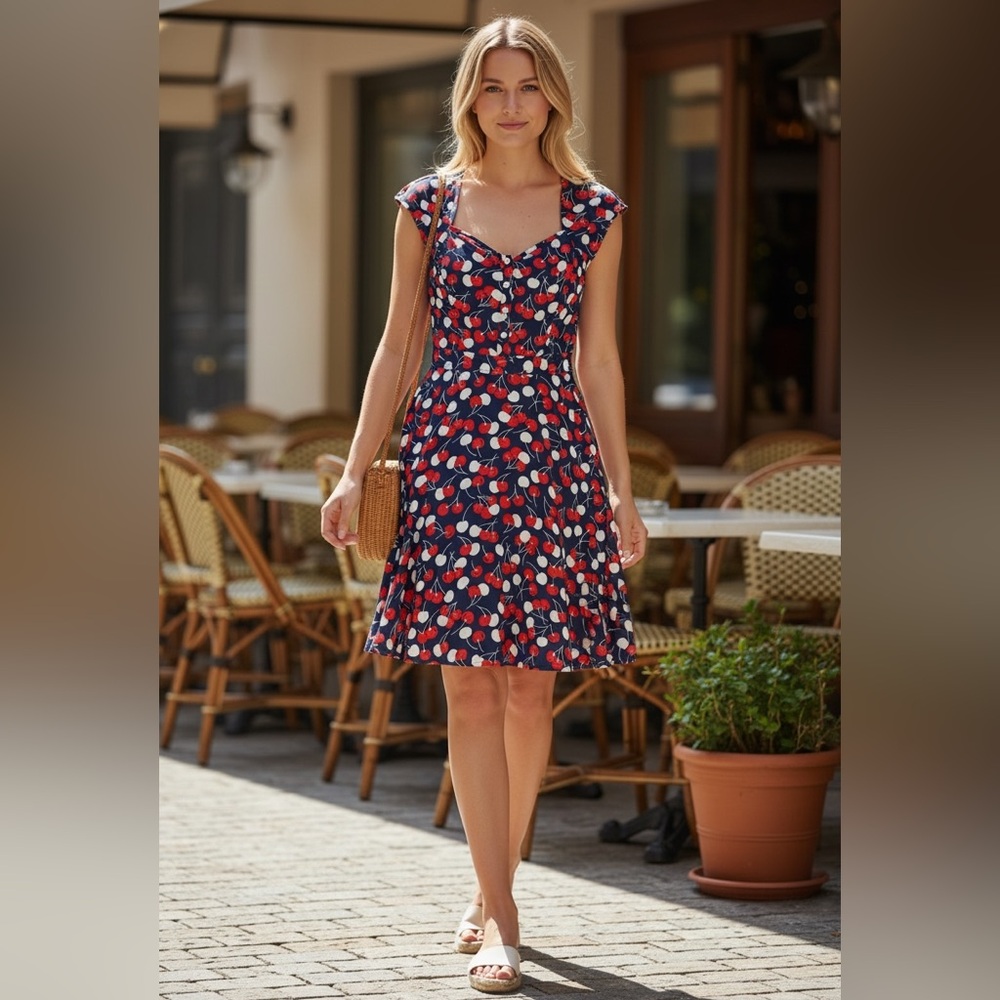 Retro inspired Red & White Cherry Print Navy Summer dress with Keyhole back. S
